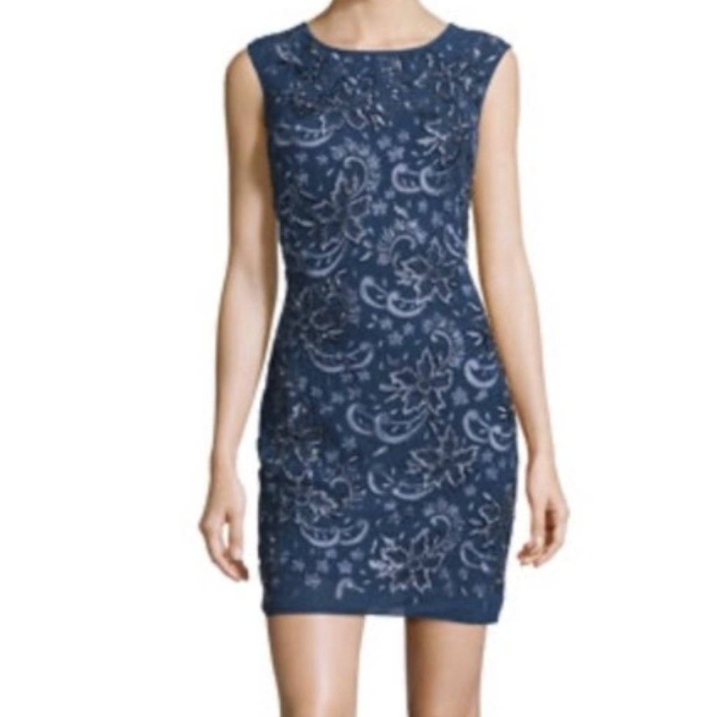 Aidan Mattox Navy Blue Beaded Floral Embroidered Mini Dress Cocktail Formal 4
